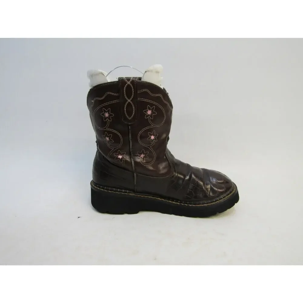 Roper Brand Youth Size 2 M Brown Leather Gator Print Cowboy Western Boots